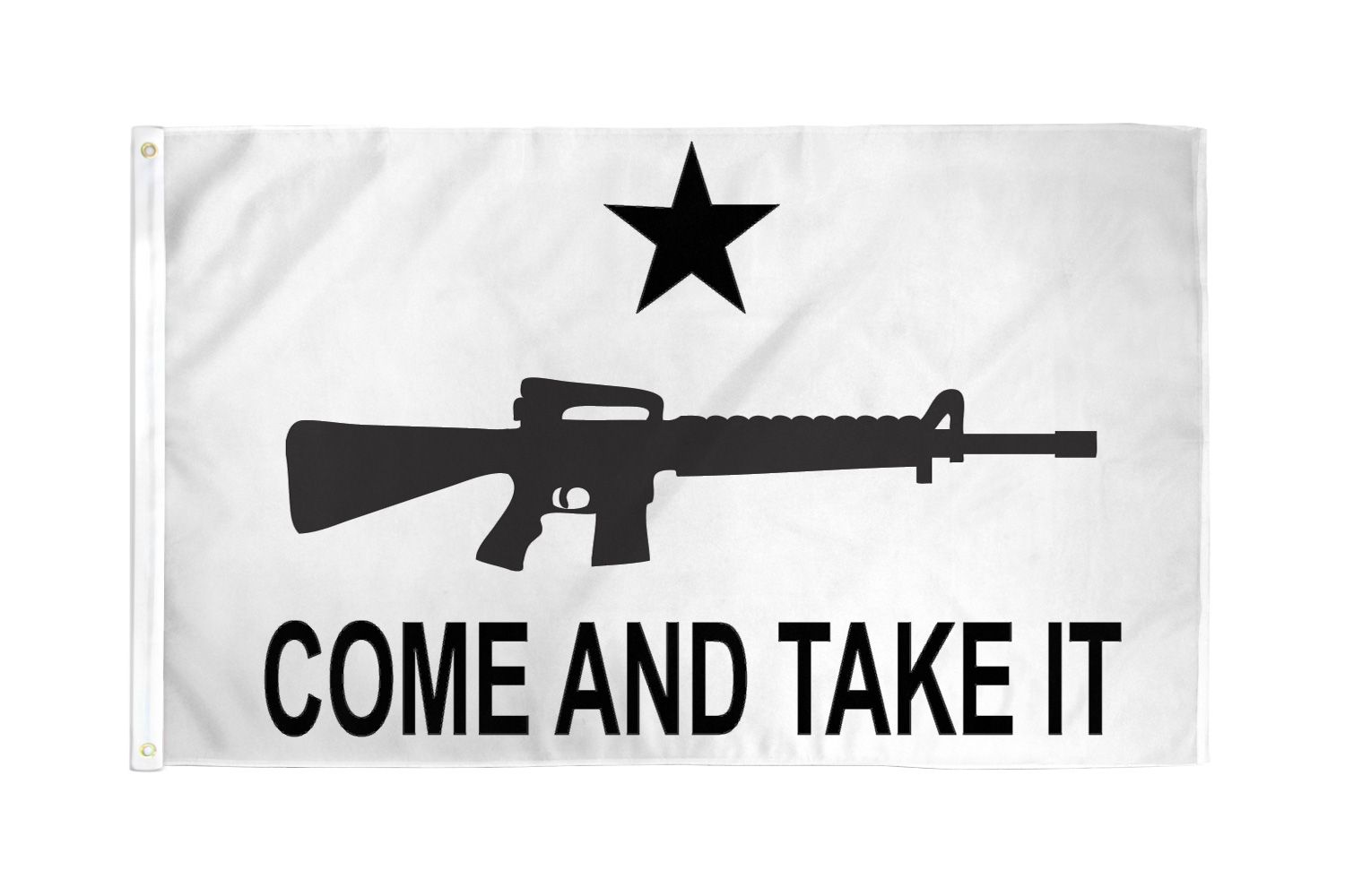 Black silhouette of a rifle with a star and the phrase 'Come and Take It'.