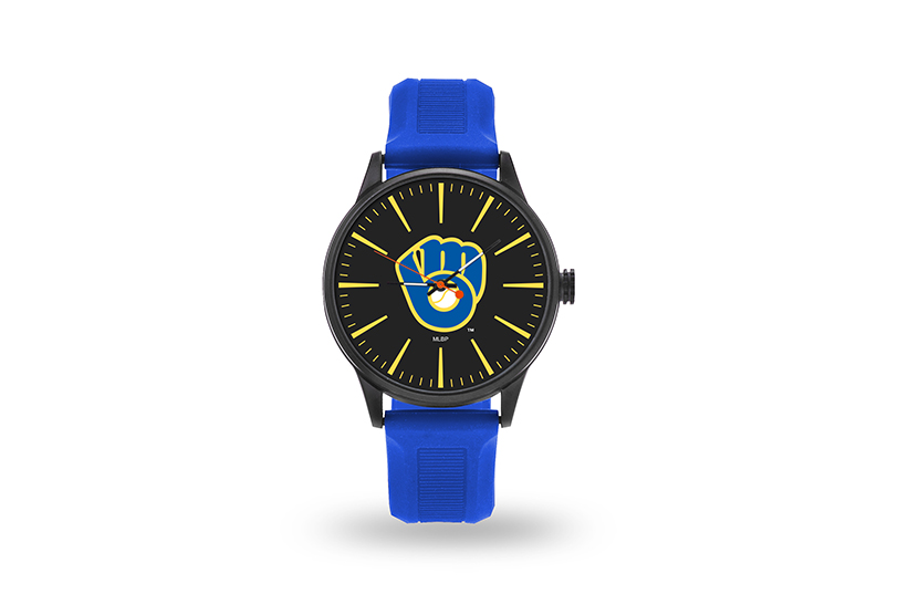 Watch with a blue band and Milwaukee Brewers logo on the face.